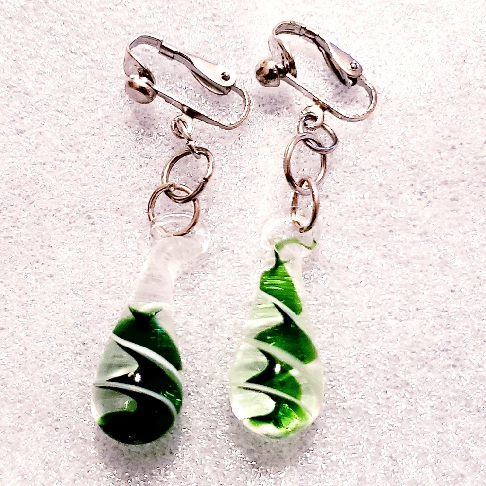 2" Silver Green Swirl ClipOn Murano Glass Earrings